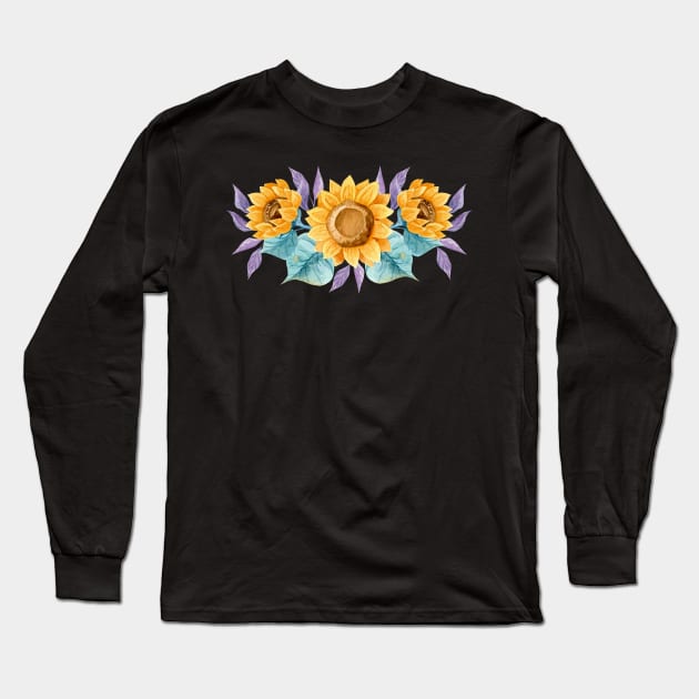 Watercolor Sunflower Border Long Sleeve T-Shirt by Mako Design 